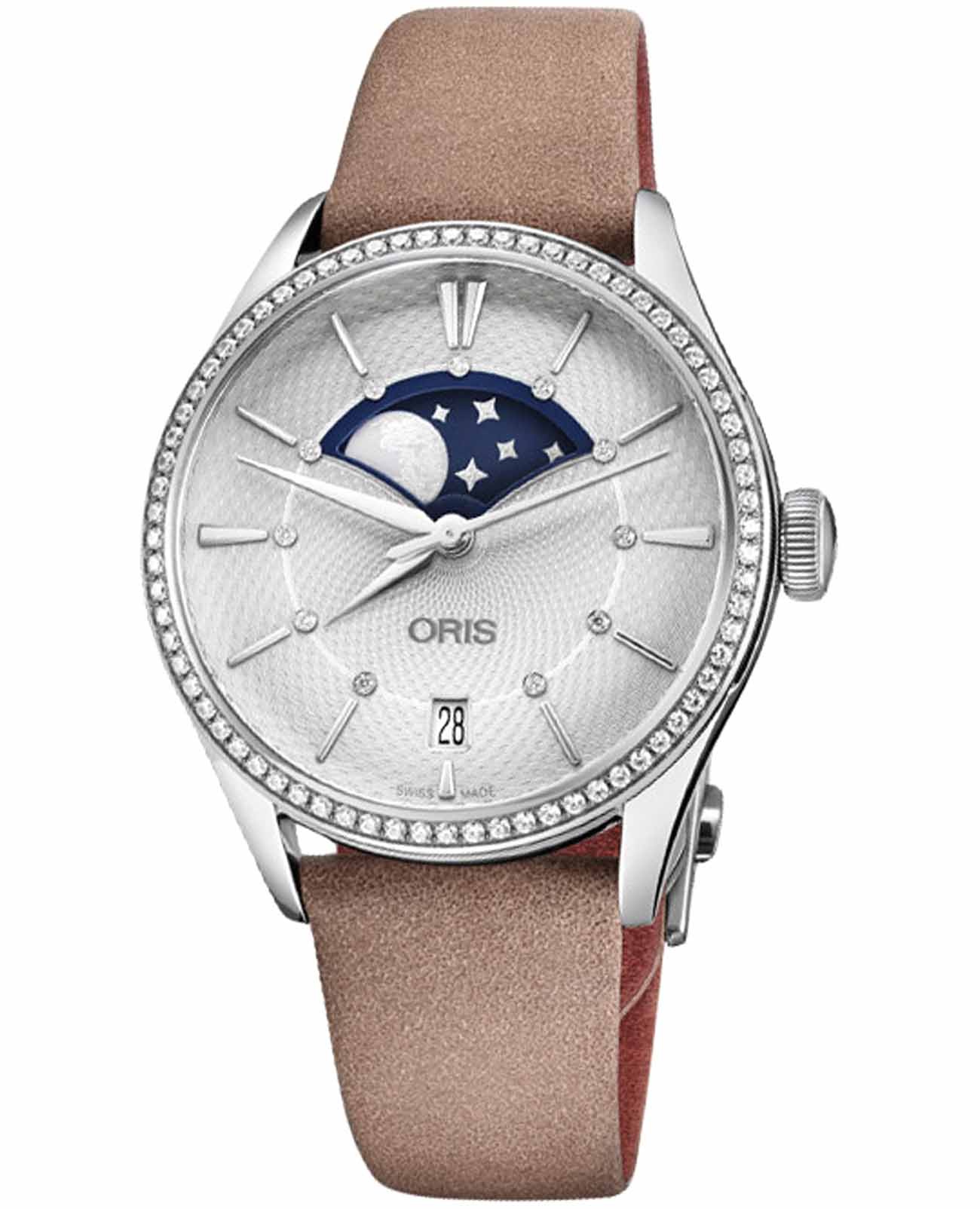 Oris Oris Artelier 01 763 7723 4951-07 5 18 33FC  01 763 7723 4951-07 5 18 33FC механические женские часы серебристый циферблат, браслет кожаный — вид спереди